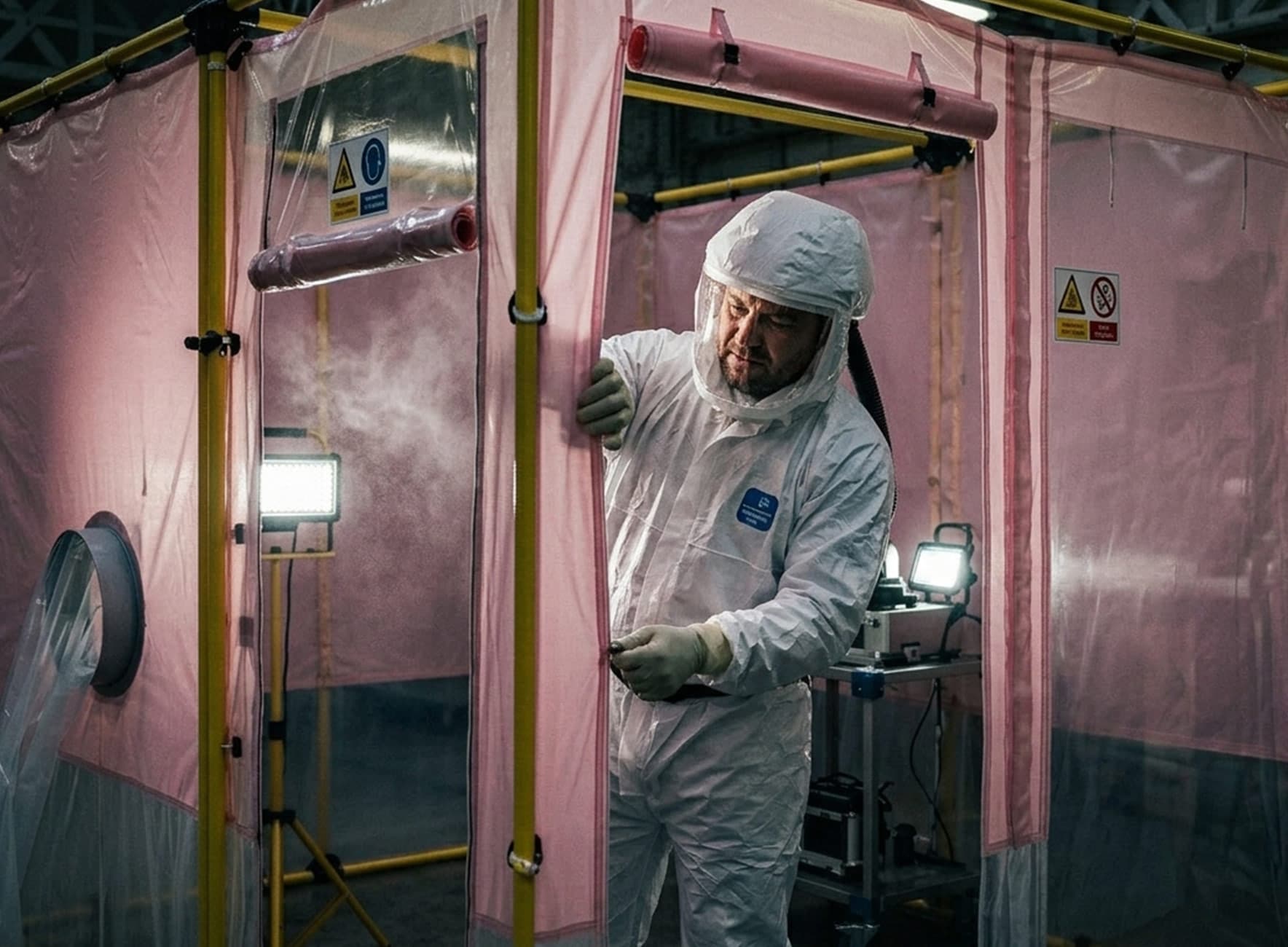 Technicien en combinaison de protection blanche ouvrant une tente rose isolée, équipements et projecteurs à l'intérieur.