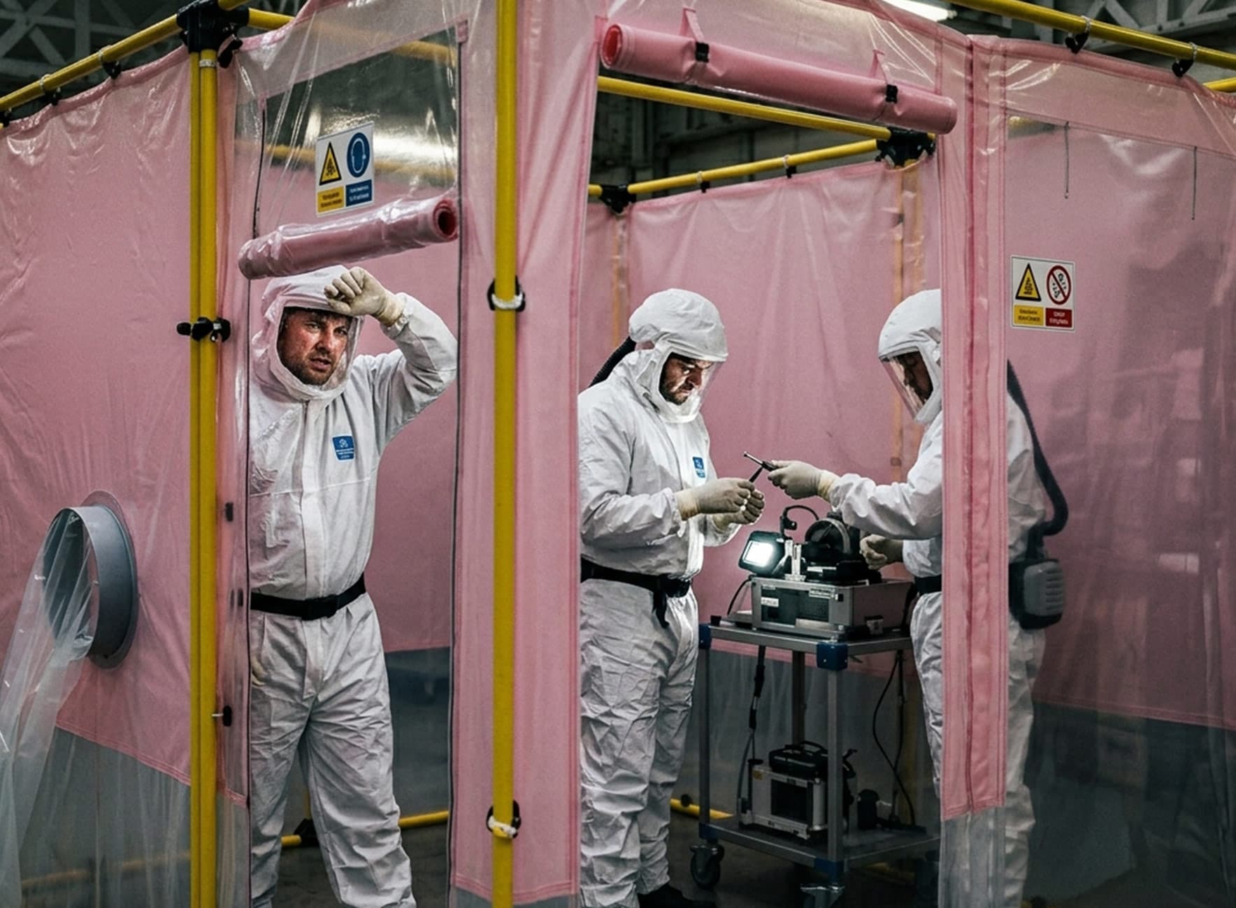 Trois techniciens en combinaisons blanches et masques travaillant à l'intérieur d'une enceinte temporaire rose, manipulant des outils et un appareil lumineux sur un chariot.