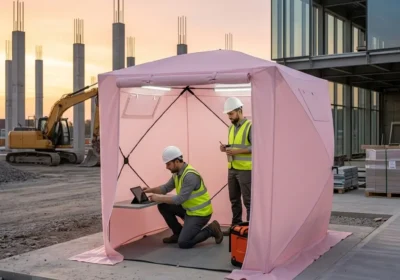 Deux ouvriers en gilets fluorescents et casques travaillant dans une tente rose sur un chantier au coucher du soleil, un ordinateur et une pelleteuse en arrière-plan.