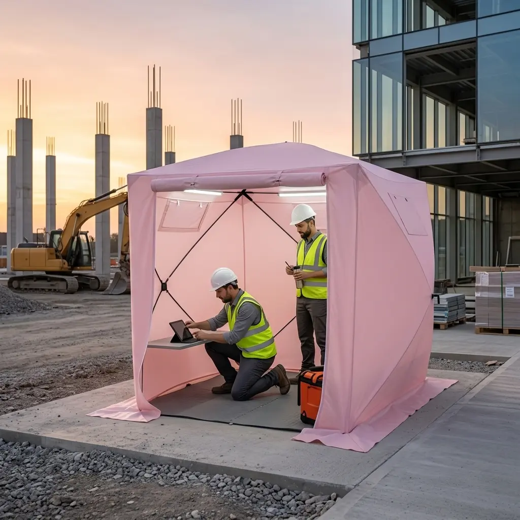 Deux ouvriers en gilets fluorescents et casques travaillant dans une tente rose sur un chantier au coucher du soleil, un ordinateur et une pelleteuse en arrière-plan.