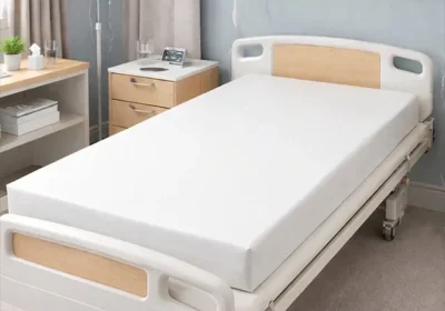 Lit d'hôpital vide avec matelas blanc, têtière et barres latérales, appareil médical sur pied et table de chevet à côté.
