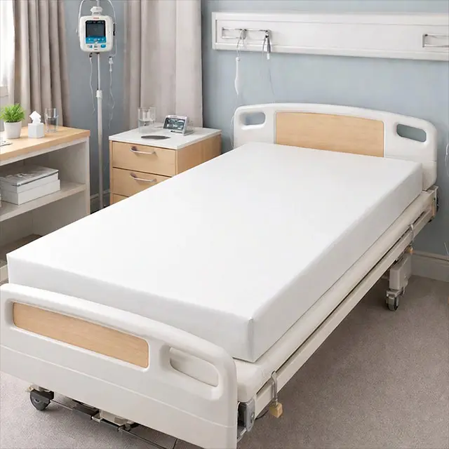 Lit d'hôpital vide avec matelas blanc, têtière et barres latérales, appareil médical sur pied et table de chevet à côté.
