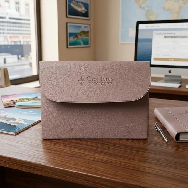 Pochette rose en cuir embossé marqué "Croisières d'exception" posée sur un bureau avec brochures, carnet et ordinateur en arrière-plan.