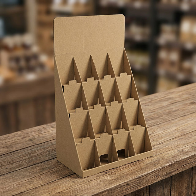 Présentoir en carton kraft brun à 15 compartiments sur trois niveaux, posé sur un comptoir en bois.