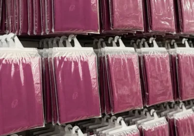 Rangées de pochettes plastiques suspendues contenant des foulards ou tissus de couleur rose foncé, emballés individuellement.