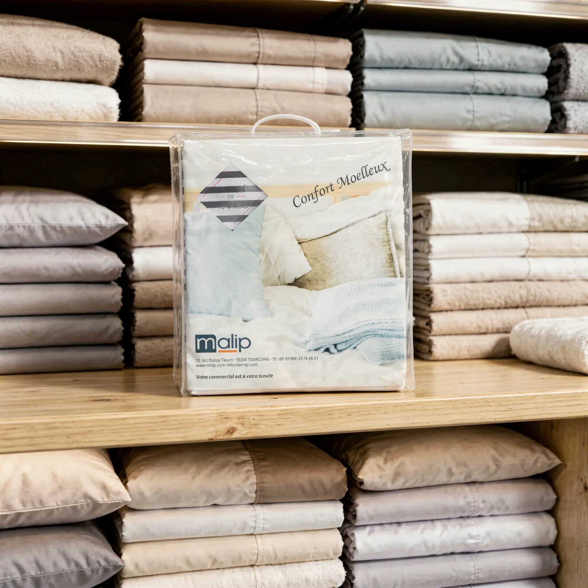 Emballage de couette "Confort Moelleux" Malip placé sur une étagère entourée de piles de draps et oreillers beiges.