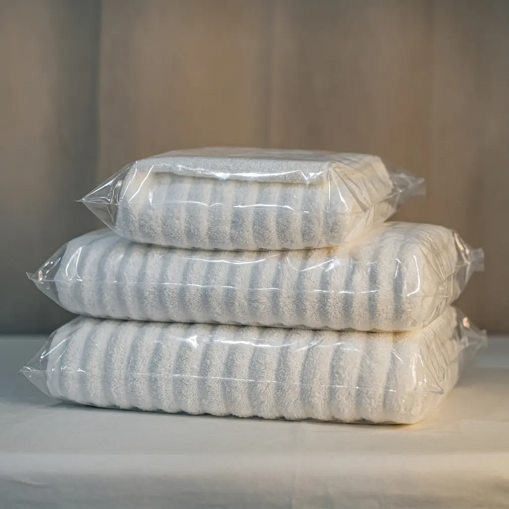 Trois serviettes blanches à rayures empilées et emballées sous film plastique transparent, sur une surface claire.