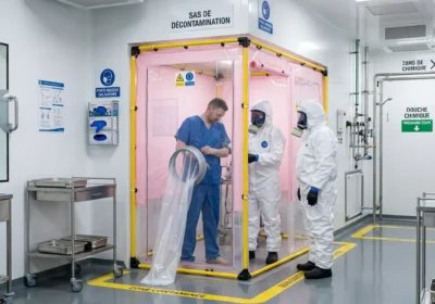 Personnel en tenue de protection blanche et un technicien en blouse bleue dans un sas de décontamination plastique rose, en salle de laboratoire propre.
