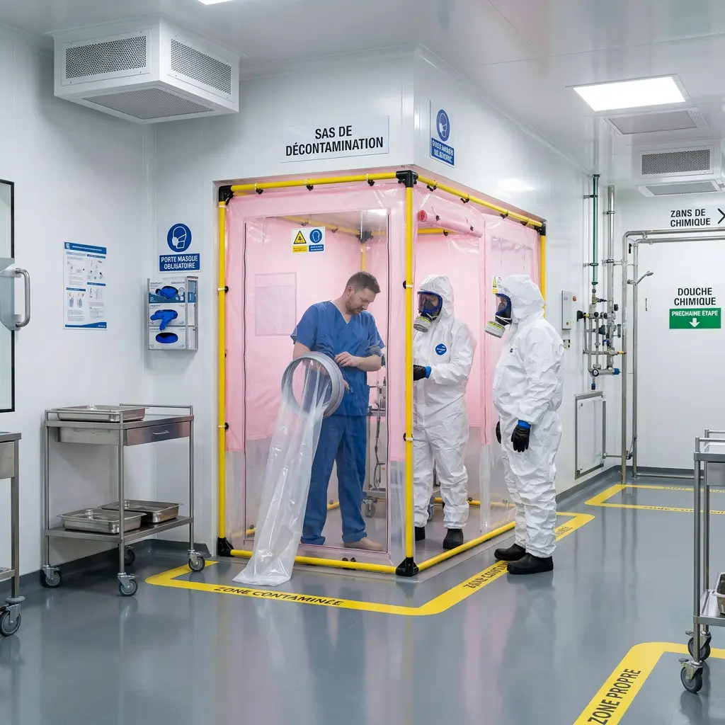 Personnel en tenue de protection blanche et un technicien en blouse bleue dans un sas de décontamination plastique rose, en salle de laboratoire propre.