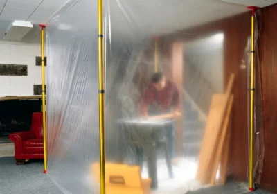 Espace de travail temporaire cloisonné par une bâche plastique transparente tendue sur des montants jaunes, avec une personne floue travaillant à l'intérieur et des outils visibles.