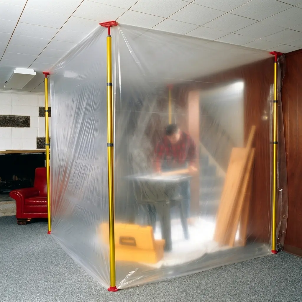 Espace de travail temporaire cloisonné par une bâche plastique transparente tendue sur des montants jaunes, avec une personne floue travaillant à l'intérieur et des outils visibles.