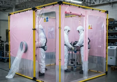 Deux techniciens en combinaisons de protection blanches travaillant dans une cabine industrielle temporaire en plastique rose à structure jaune, équipements et cartons en arrière-plan.