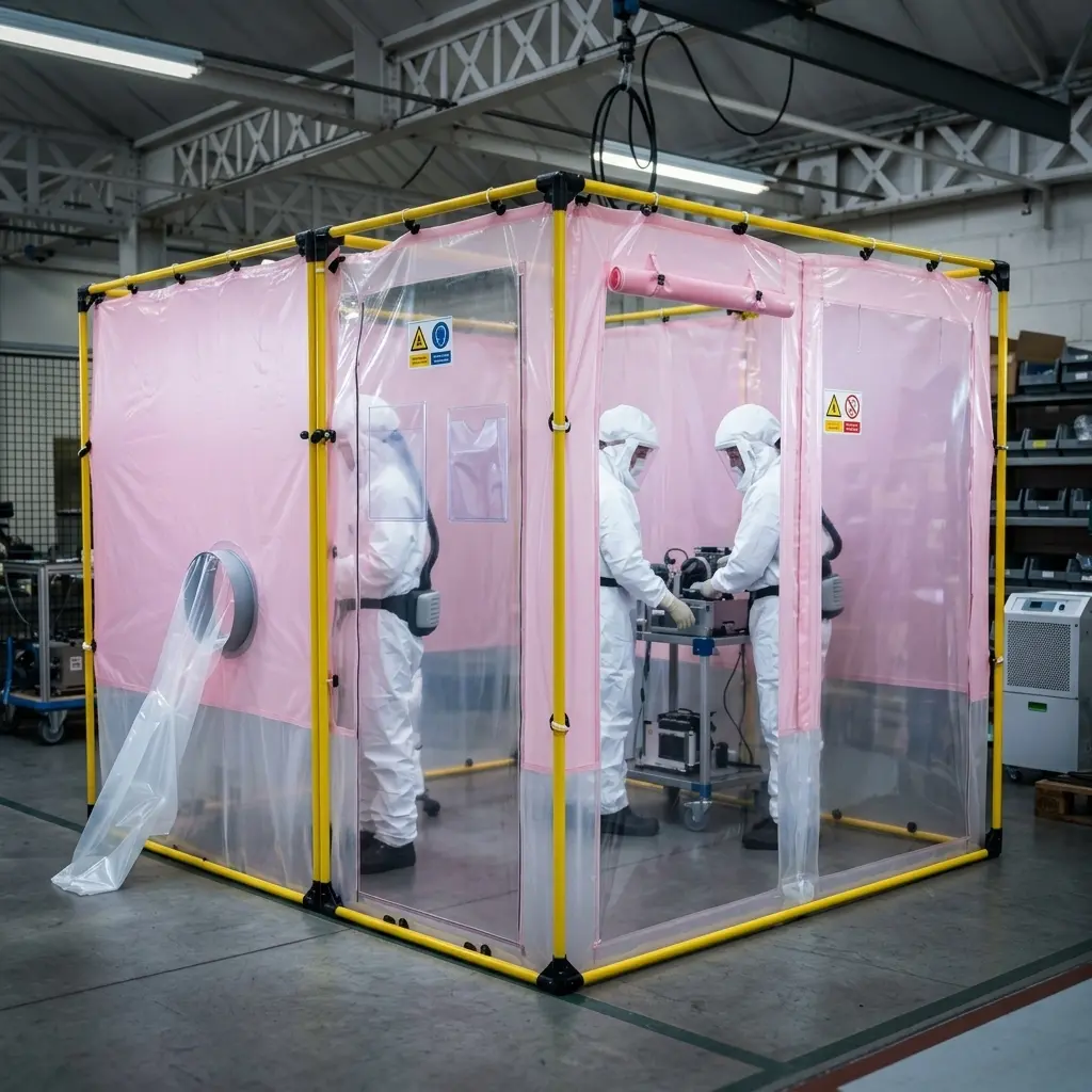 Deux techniciens en combinaisons de protection blanches travaillant dans une cabine industrielle temporaire en plastique rose à structure jaune, équipements et cartons en arrière-plan.