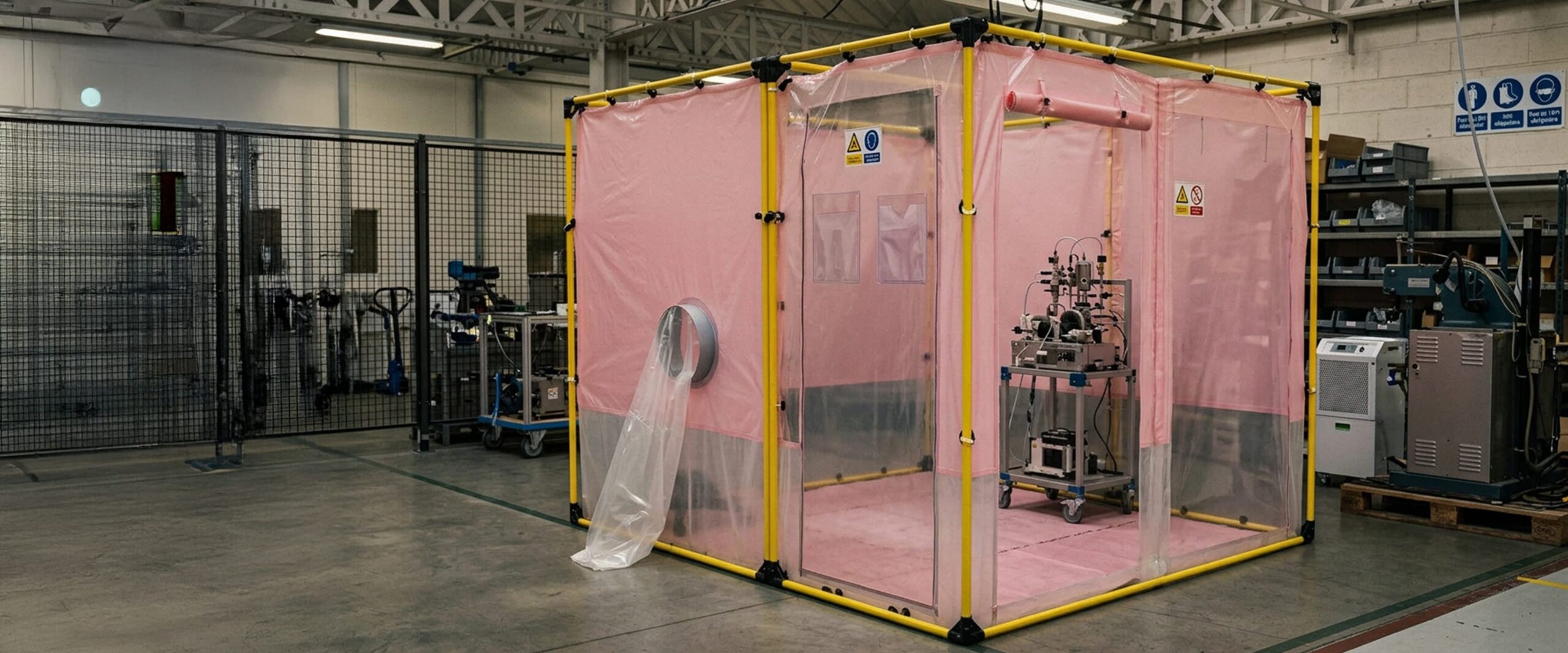 Cabine d'isolement temporaire rose avec structure tubulaire jaune et machine industrielle à l'intérieur dans un atelier.