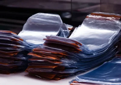 Sachets plastiques transparents empilés en atelier de fabrication