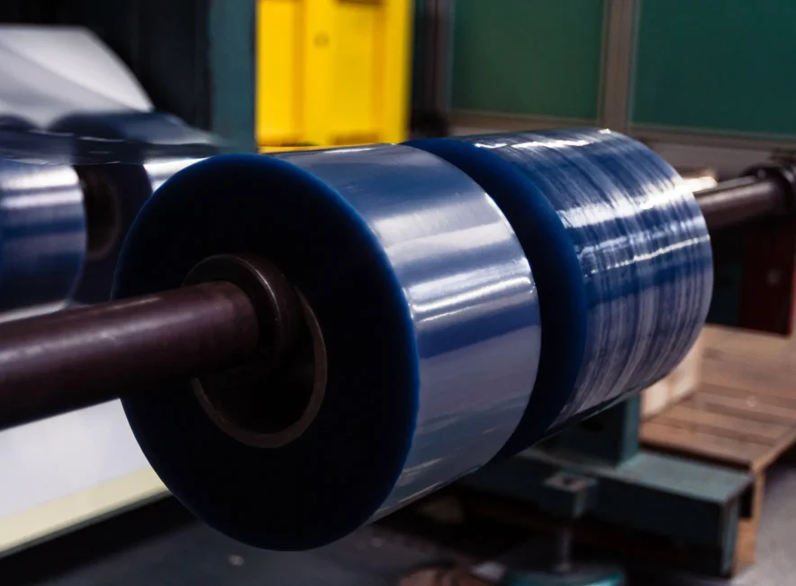 Bobine de film plastique transparent en atelier de production