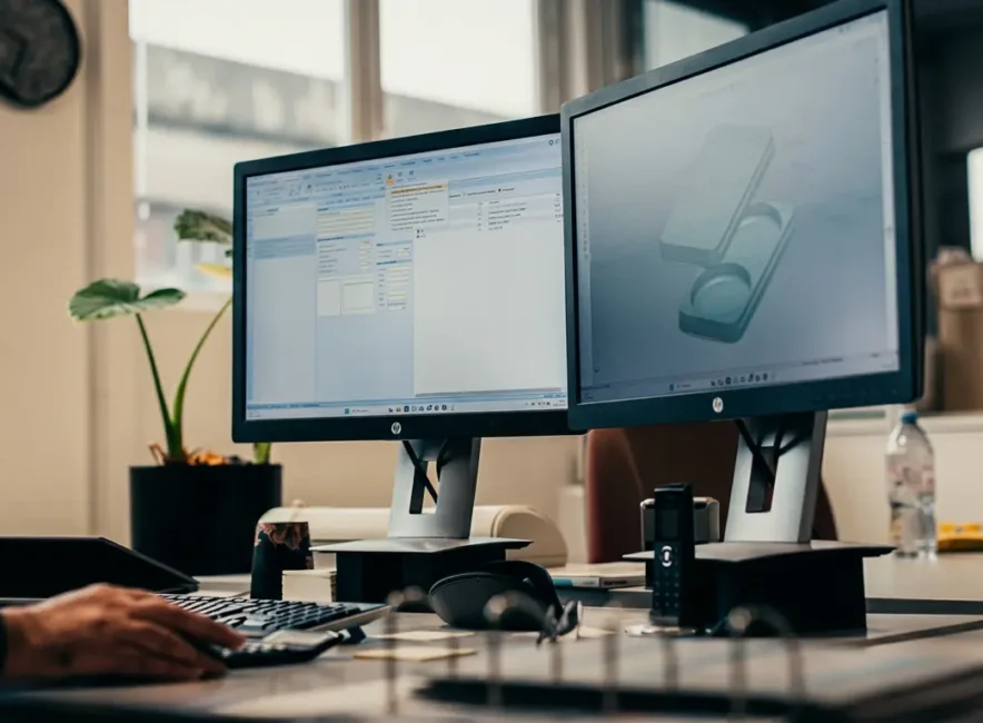 Bureau avec deux écrans d'ordinateur affichant un logiciel et une modélisation 3D, clavier, souris et plante en pot à l'arrière-plan.