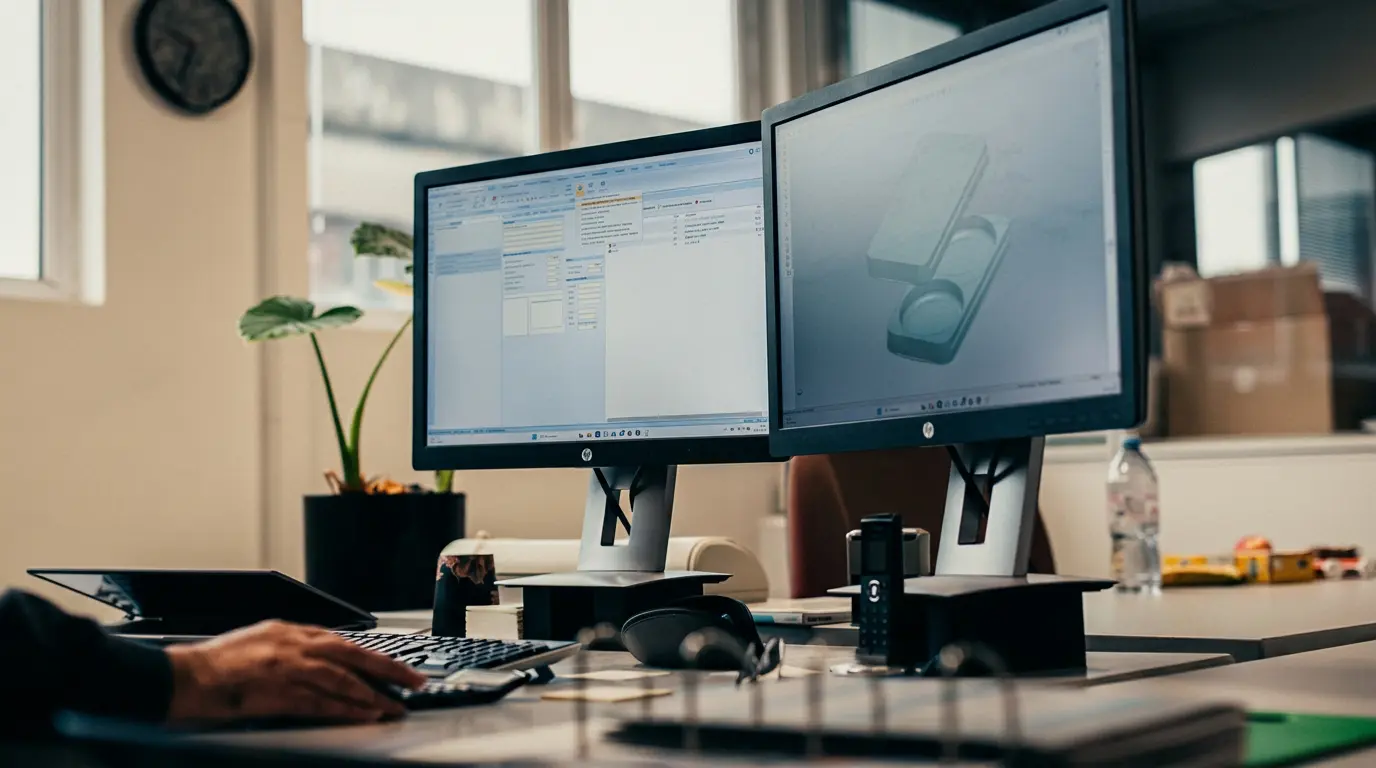 Bureau avec deux écrans d'ordinateur affichant un logiciel et une modélisation 3D, clavier, souris et plante en pot à l'arrière-plan.