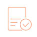 Icône orange représentant un document avec trois lignes et une coche dans un cercle indiquant validation ou approbation
