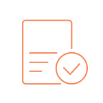 Icône orange représentant un document avec trois lignes et une coche dans un cercle indiquant validation ou approbation