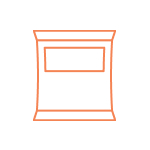 Icône stylisée d’un sachet alimentaire rectangulaire avec fenêtre centrale, contour orange sur fond blanc.