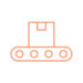 Icône orange d'un carton posé sur un convoyeur à rouleaux, style minimaliste sur fond blanc.