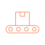 Icône orange d'un carton posé sur un convoyeur à rouleaux, style minimaliste sur fond blanc.