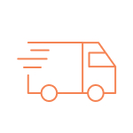 Camion de livraison orange stylisé en mouvement avec lignes indiquant la vitesse