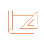 Illustration orange d’un plan déroulé avec une règle triangulaire posée dessus, style icône minimaliste