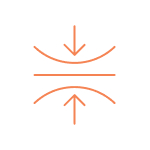 Icône orange montrant deux flèches opposées (haut et bas) pointant vers une surface courbée au centre, suggérant compression ou pression.