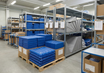 Entrepôt organisé avec étagères métalliques, piles de coussins bleus et cartons sur palettes et chariots.