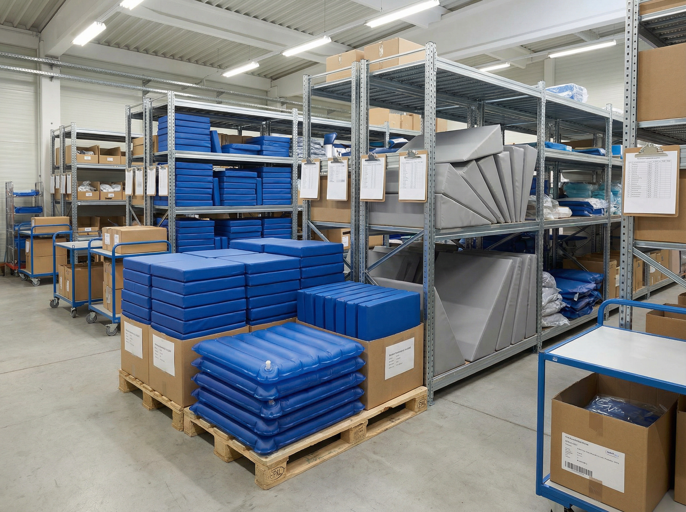 Entrepôt organisé avec étagères métalliques, piles de coussins bleus et cartons sur palettes et chariots.