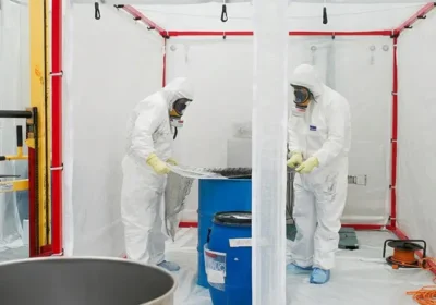 Deux techniciens en combinaisons blanches et masques respiratoires manipulant un fût bleu à l'intérieur d'une enceinte de confinement plastique.