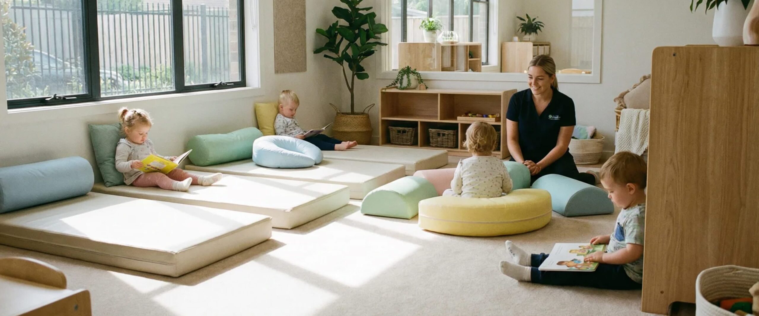Enfant assis sur coussins colorés lisant un livre, autres tout-petits et une éducatrice souriante dans une salle de jeu lumineuse.