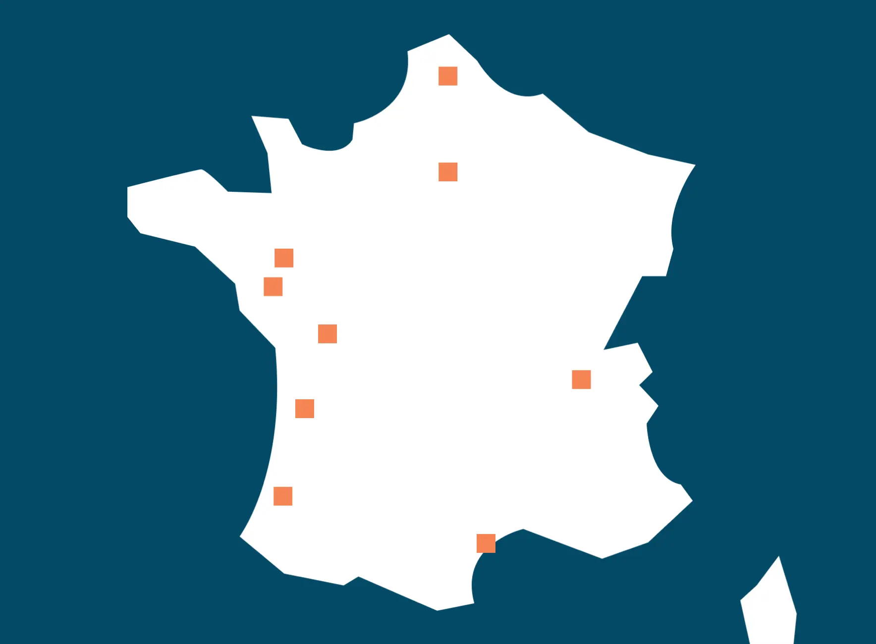 Carte stylisée de la France en blanc sur fond bleu, avec huit petits carrés orange indiquant des villes réparties.