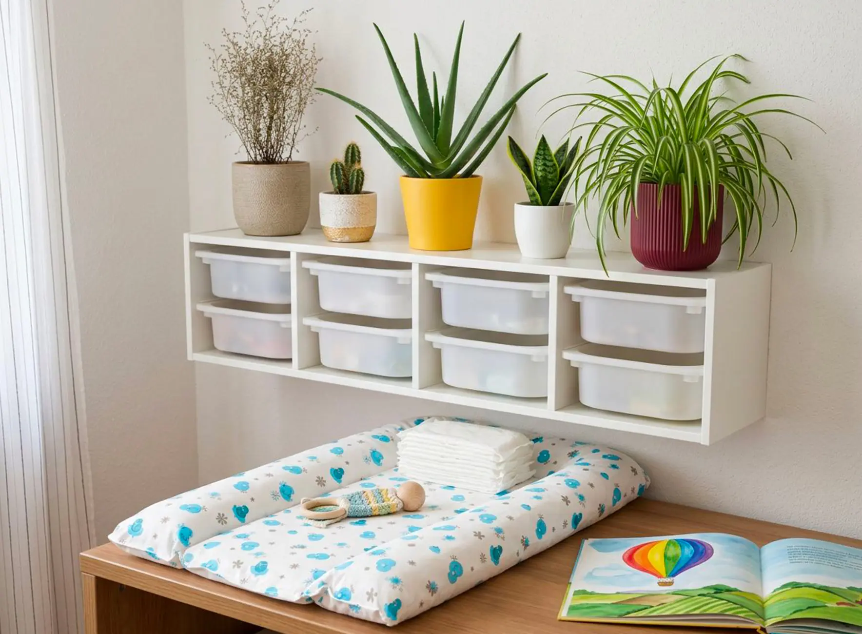 Étagère murale blanche avec boîtes de rangement translucides et pots de plantes au-dessus d'une table à langer avec matelas à motifs bleus et livre ouvert.