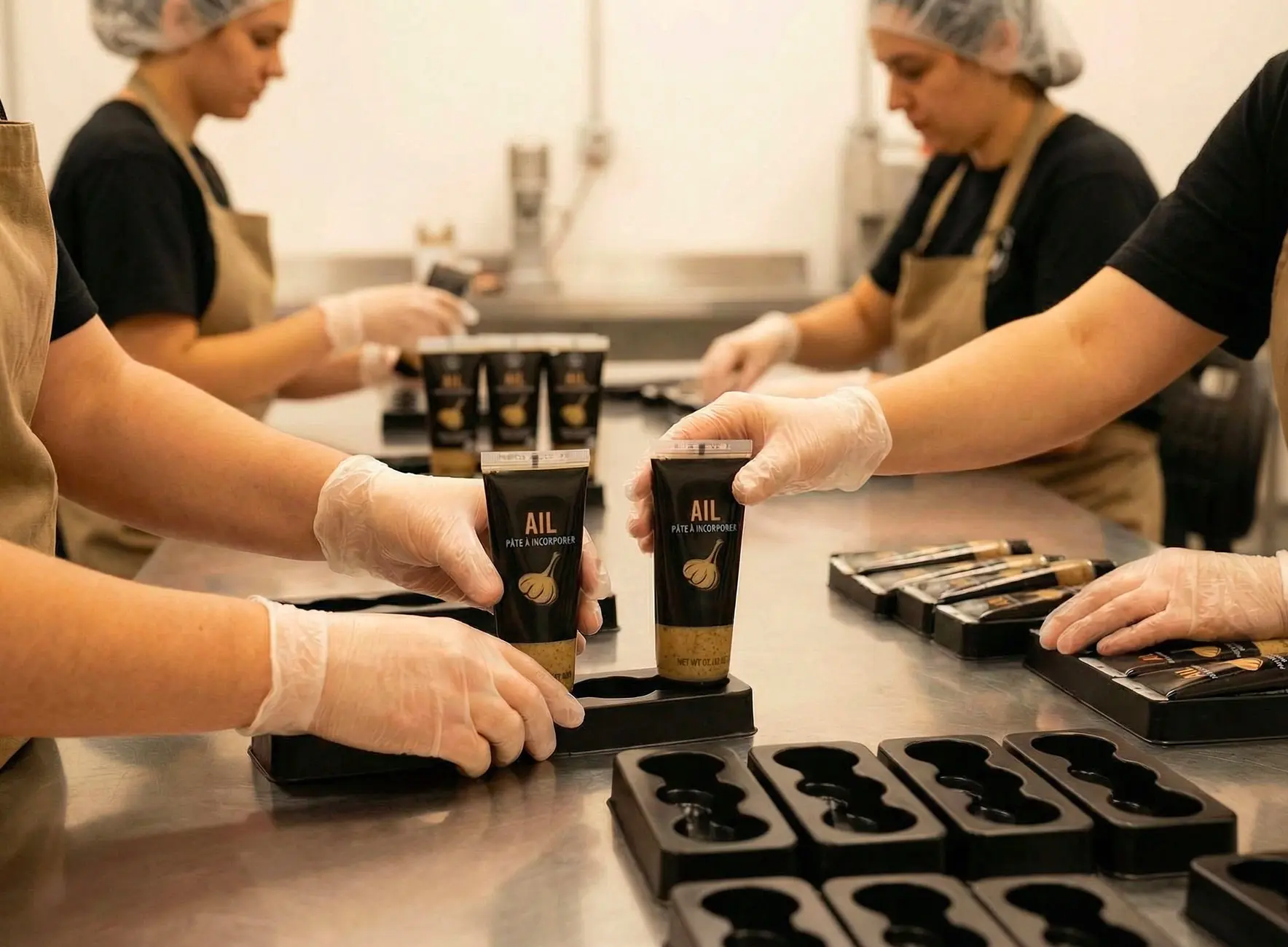 Employées en gants et charlottes plaçant des tubes noirs étiquetés "AIL" dans des caissettes sur une table métallisée d'atelier.
