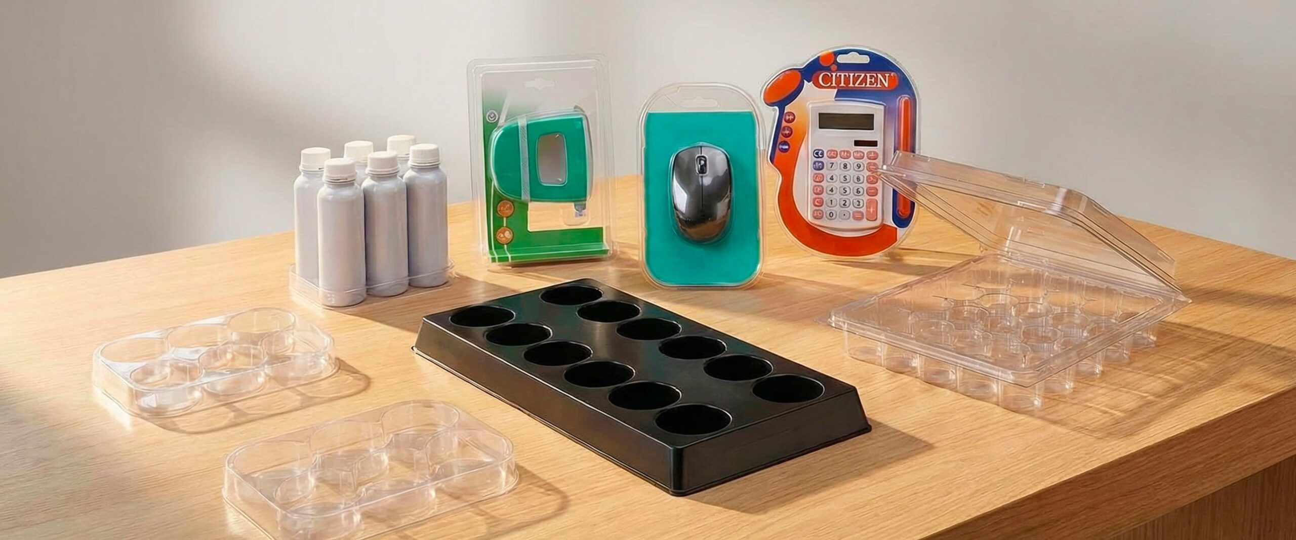Plateau noir à 10 alvéoles entouré de contenants plastiques transparents, flacons blancs et emballages d'articles électroniques sur une table en bois.
