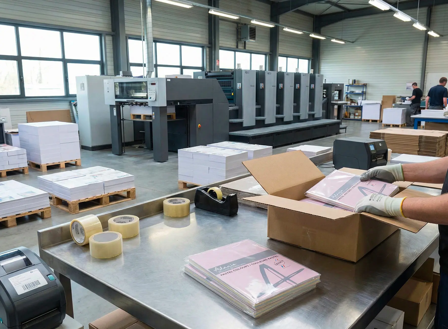 Opérateur ganté plaçant des pochettes plastifiées de documents roses dans une boîte en carton sur une table d'emballage dans un atelier d'impression industriel.