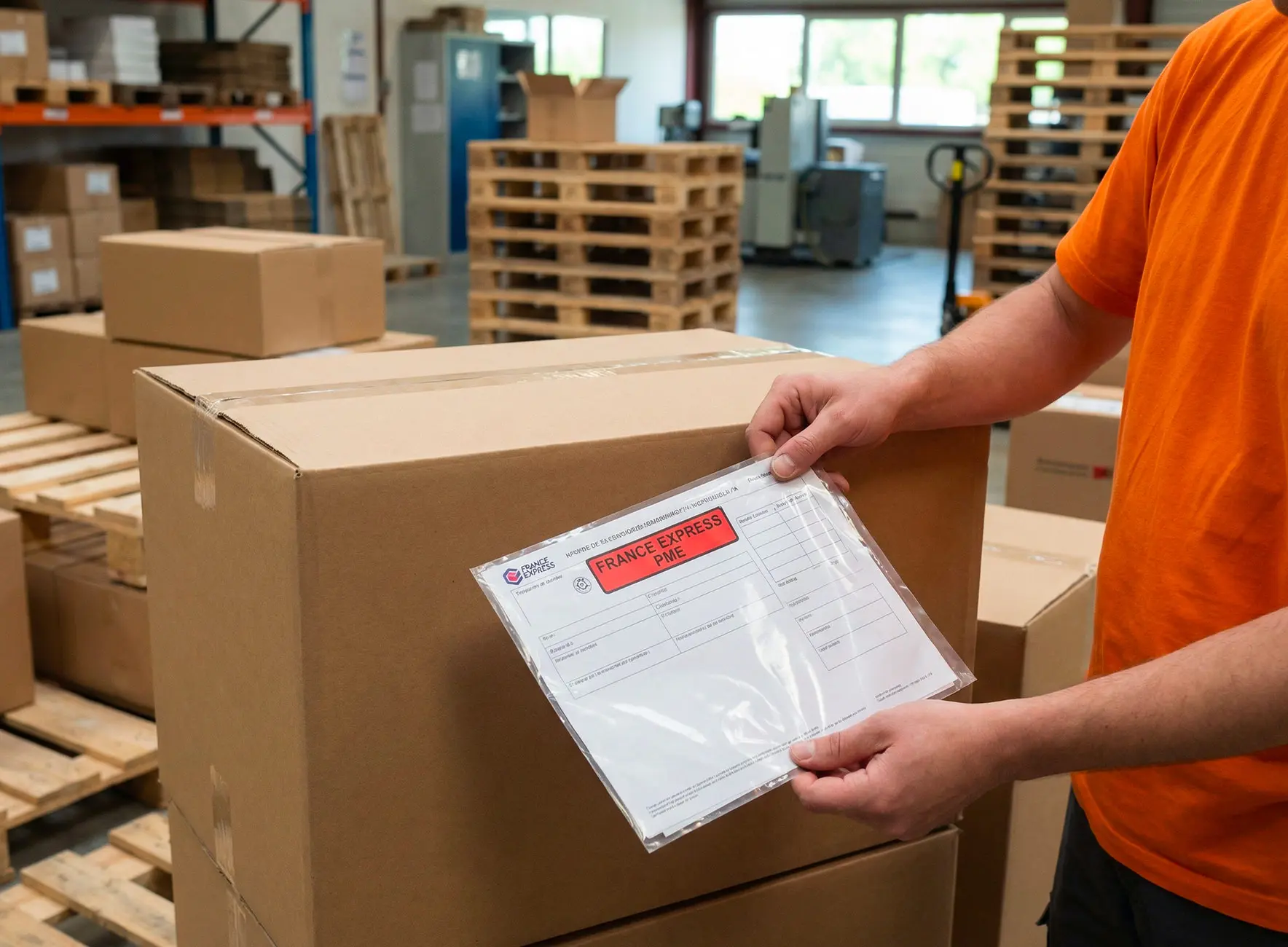 Employé en t-shirt orange collant une pochette d'expédition avec étiquette "FRANCE EXPRESS" sur un grand carton dans un entrepôt.