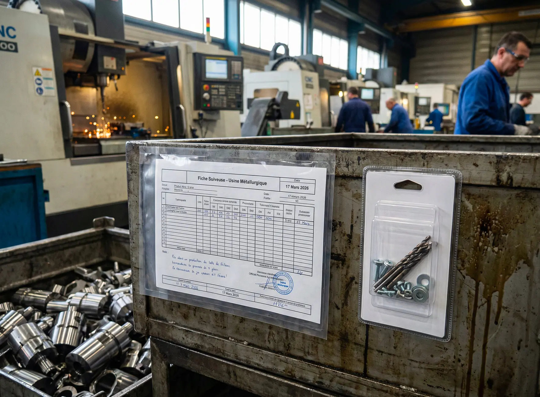 Bac métallique sale avec une fiche de suivi plastifiée collée et un sachet de vis et forets, pièces usinées empilées et opérateurs au fond.