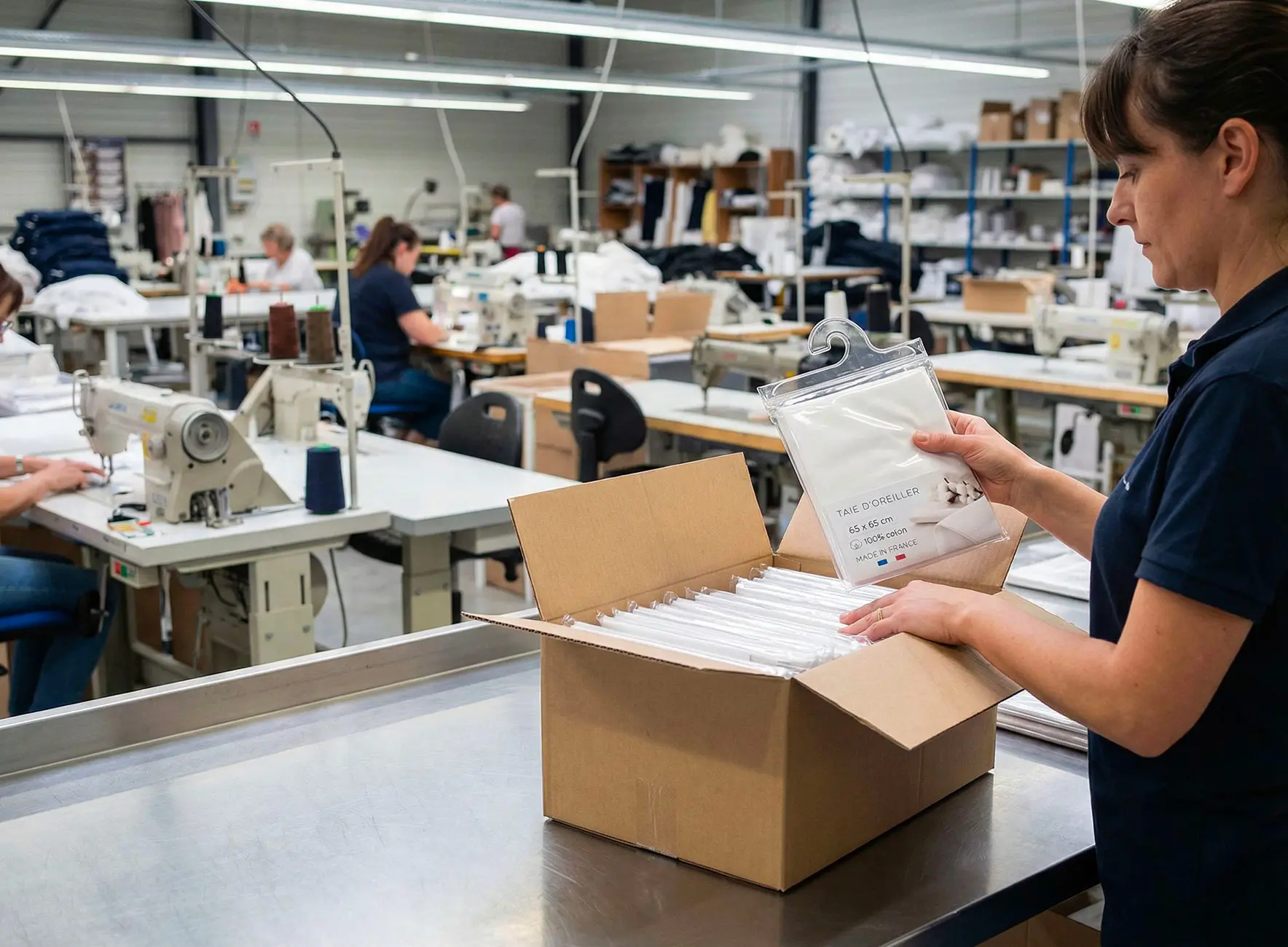 Employée dans un atelier textile emballant des taies d'oreiller blanches sous film, boîte ouverte et machines à coudre en arrière-plan.