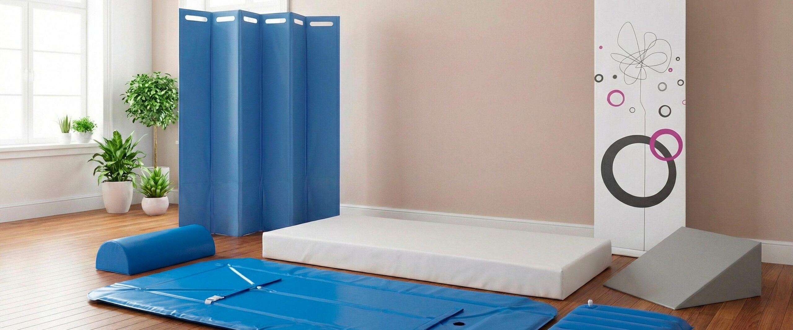 Petits équipement de gymnastique dans une pièce claire : tapis bleu pliable, matelas blanc, cale grise et paravent bleu, plantes près de la fenêtre.