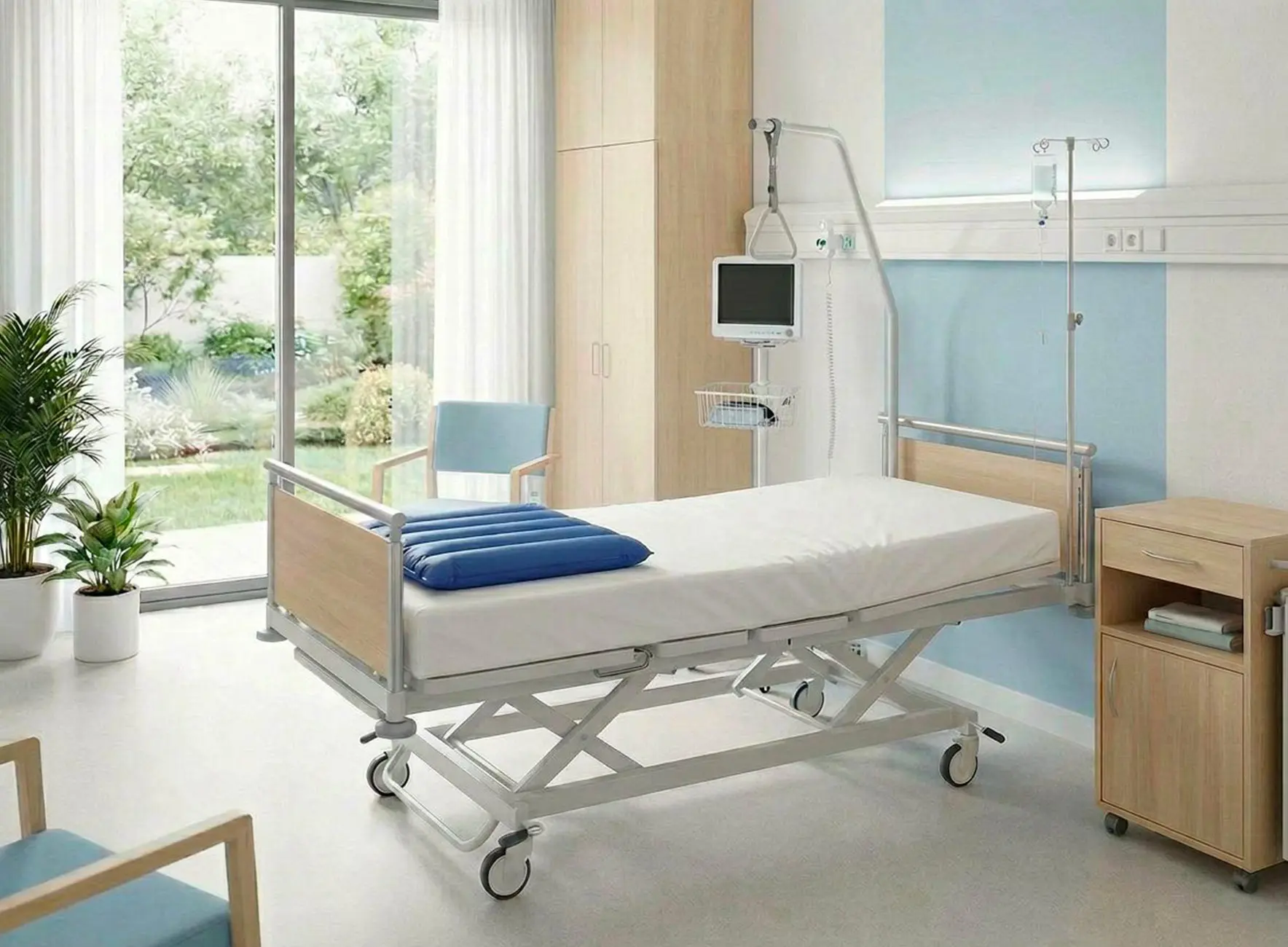 Chambre d'hôpital lumineuse avec lit médicalisé, coussin bleu, moniteur, armoire en bois et porte-fenêtre donnant sur un jardin.