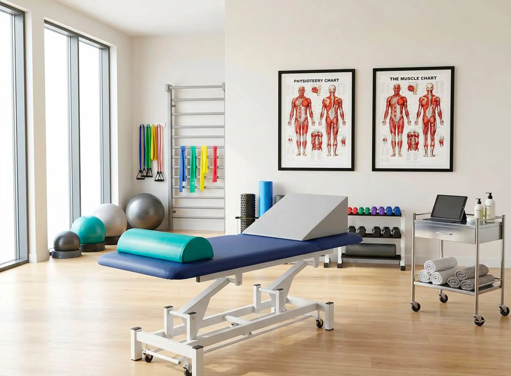 Salle de physiothérapie lumineuse avec table de soin réglable bleue, ballons et élastiques colorés, posters anatomiques et chariot avec serviettes.