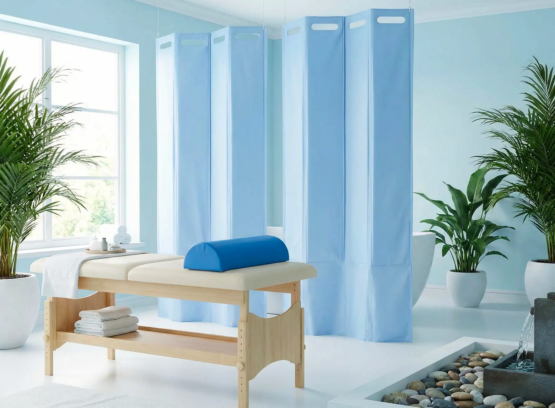 Table de massage en bois avec coussin demi-lune bleu, paravent bleu clair en arrière-plan et plantes en pots autour.