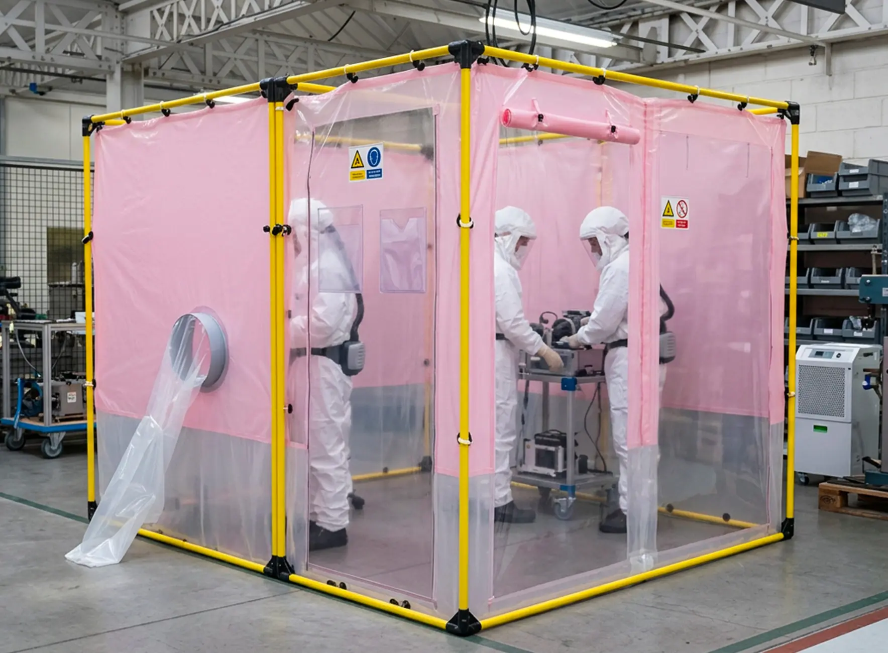 Deux techniciens en combinaisons blanches travaillant à l'intérieur d'une enceinte modulaire rose à structure tubulaire jaune.
