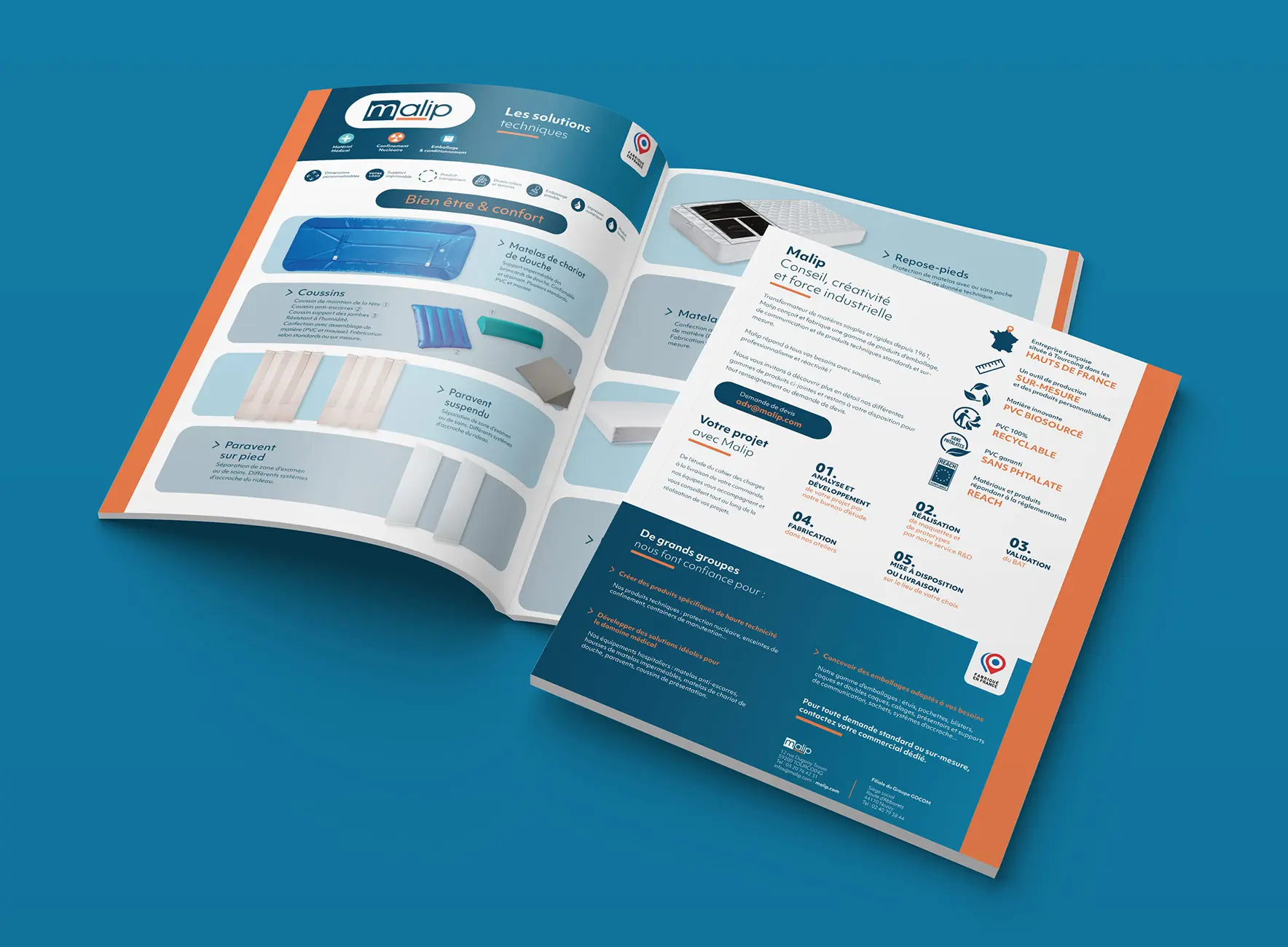 Brochure ouverte posée sur fond bleu montrant des pages bleu et orange présentant produits, icônes et texte commercial de la marque Malip.