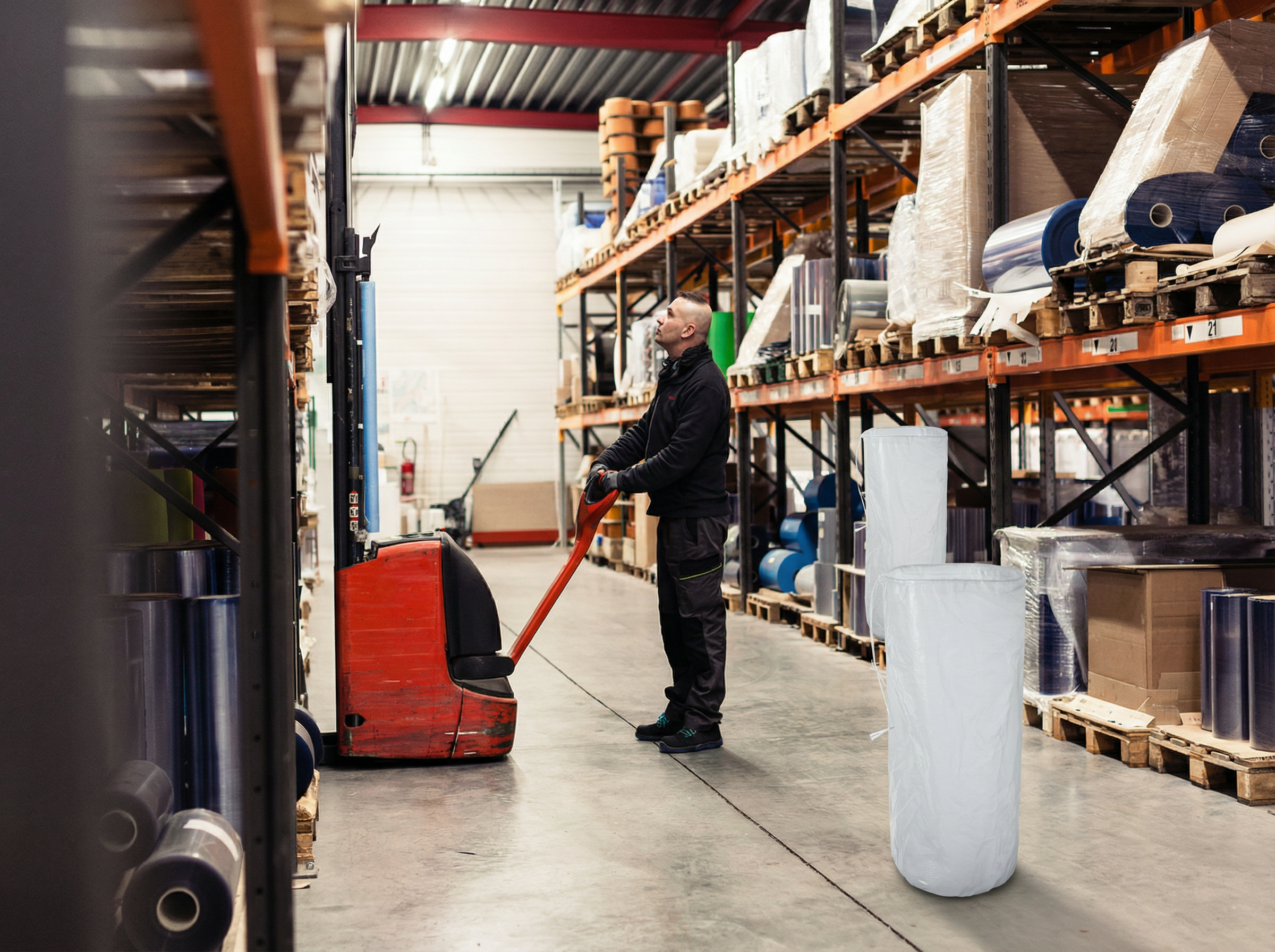 Ouvrier dans un entrepôt poussant un transpalette électrique rouge entre des rayonnages remplis de bobines et de sacs à déchets conditionnés