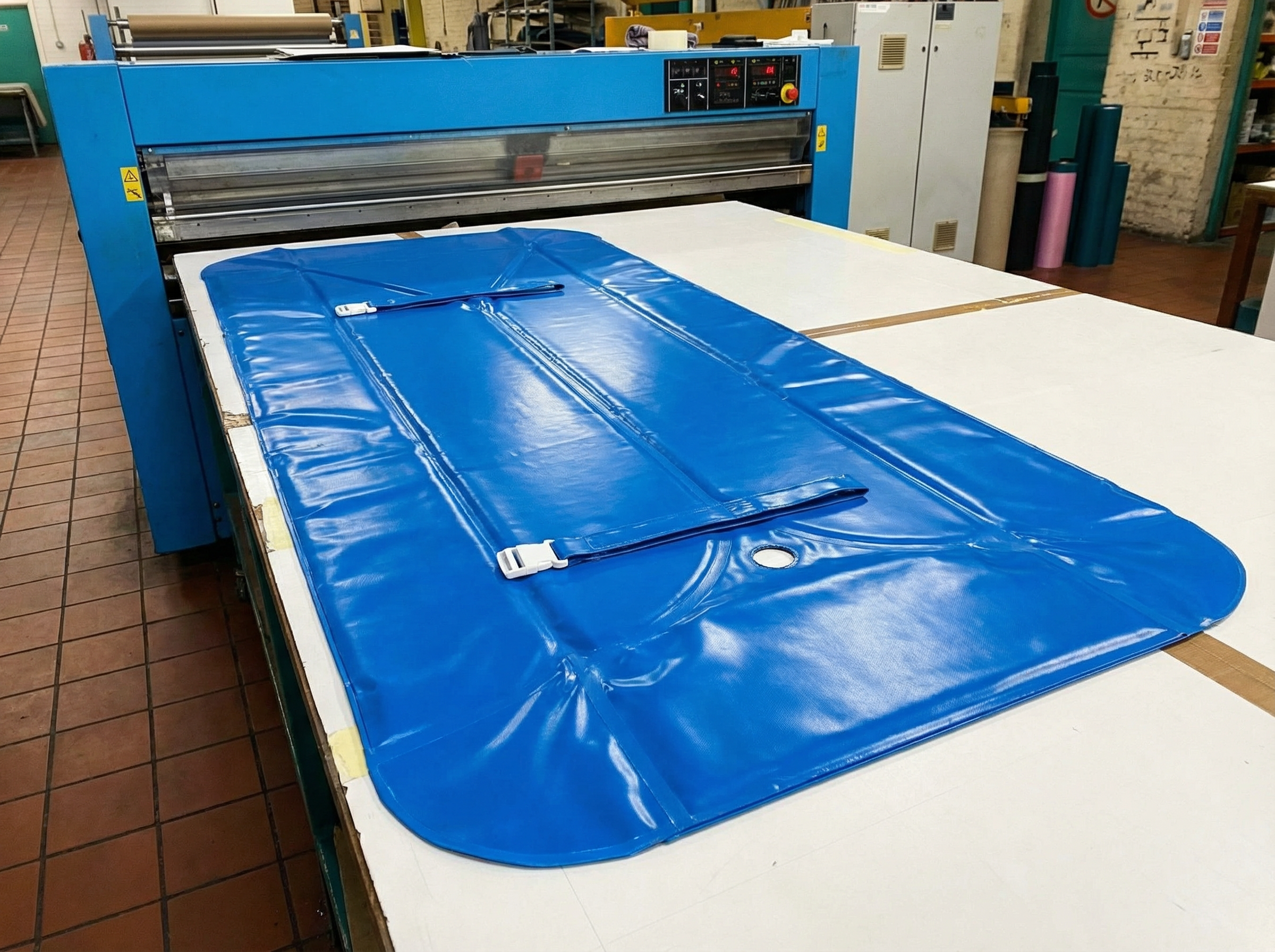 Grande housse bleue en PVC avec sangles et boucle blanche, posée sur une table de coupe industrielle dans un atelier.